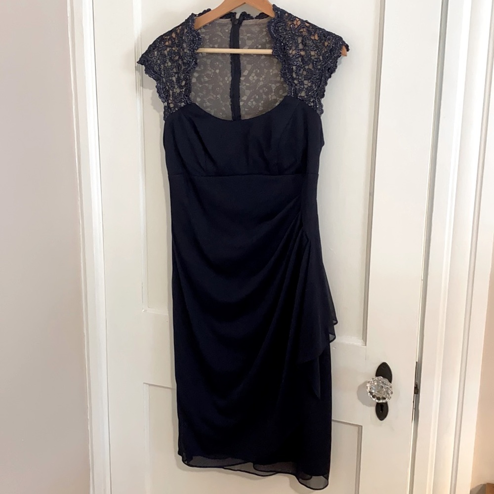 Cap sleeve navy cocktail dress